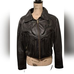 Black Leather Fringe Jacket - fits more like an XL 12/14